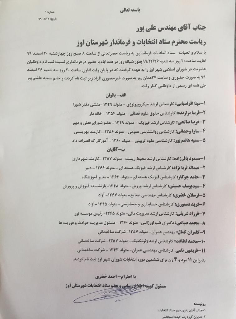 16 نفر برای عضویت در ششمین دوره شورای اسلامی شهر اوز خود را نامزد کردند
